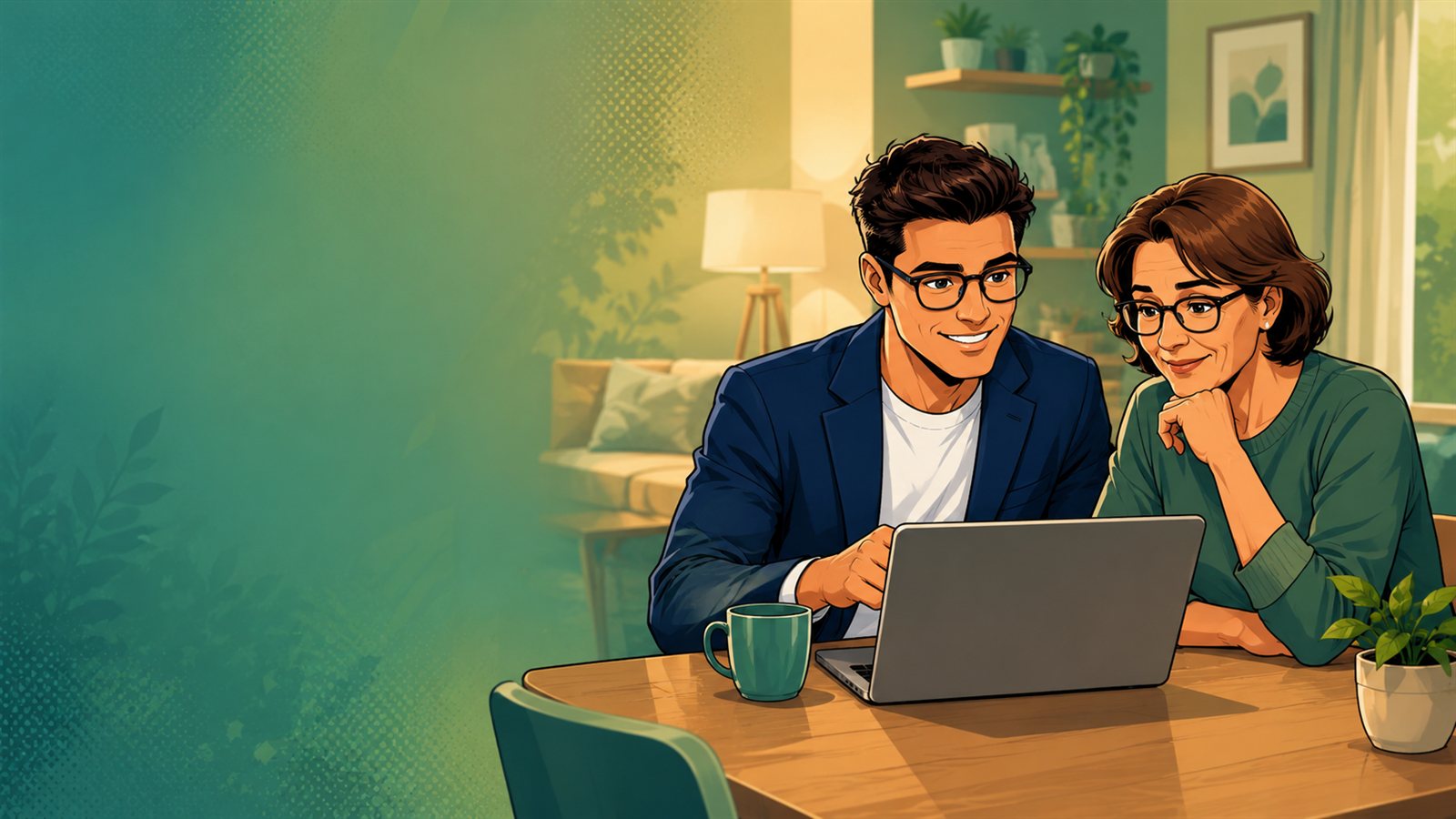 youroop hilft einer Privatperson zu Hause geduldig am Laptop